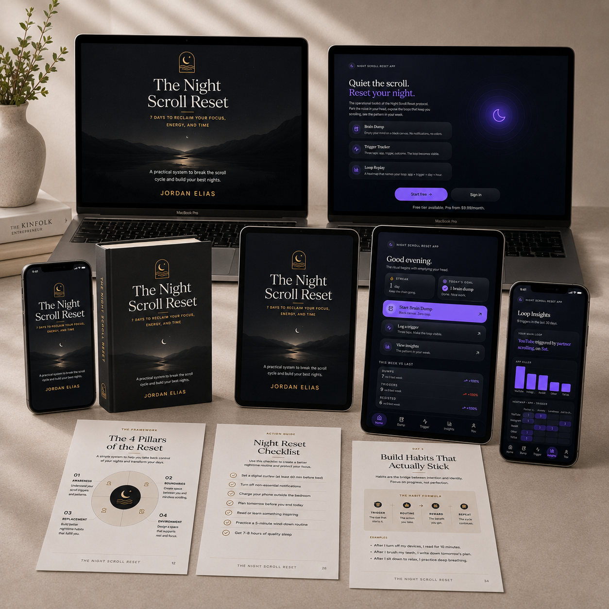 The Night Scroll Reset bundle on a nightstand